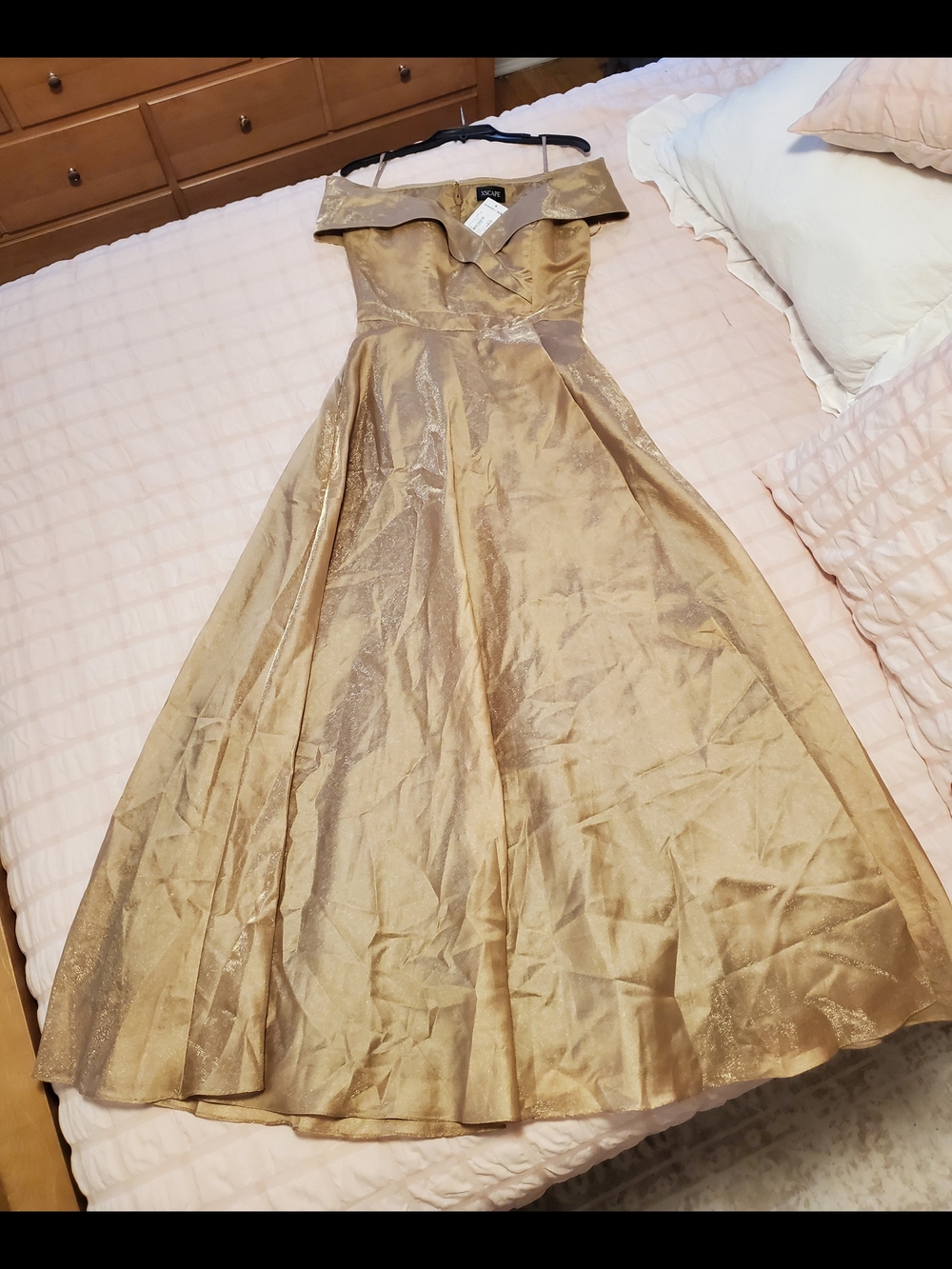 Xscape Metallic Champagne Off-Shoulder Prom Dress